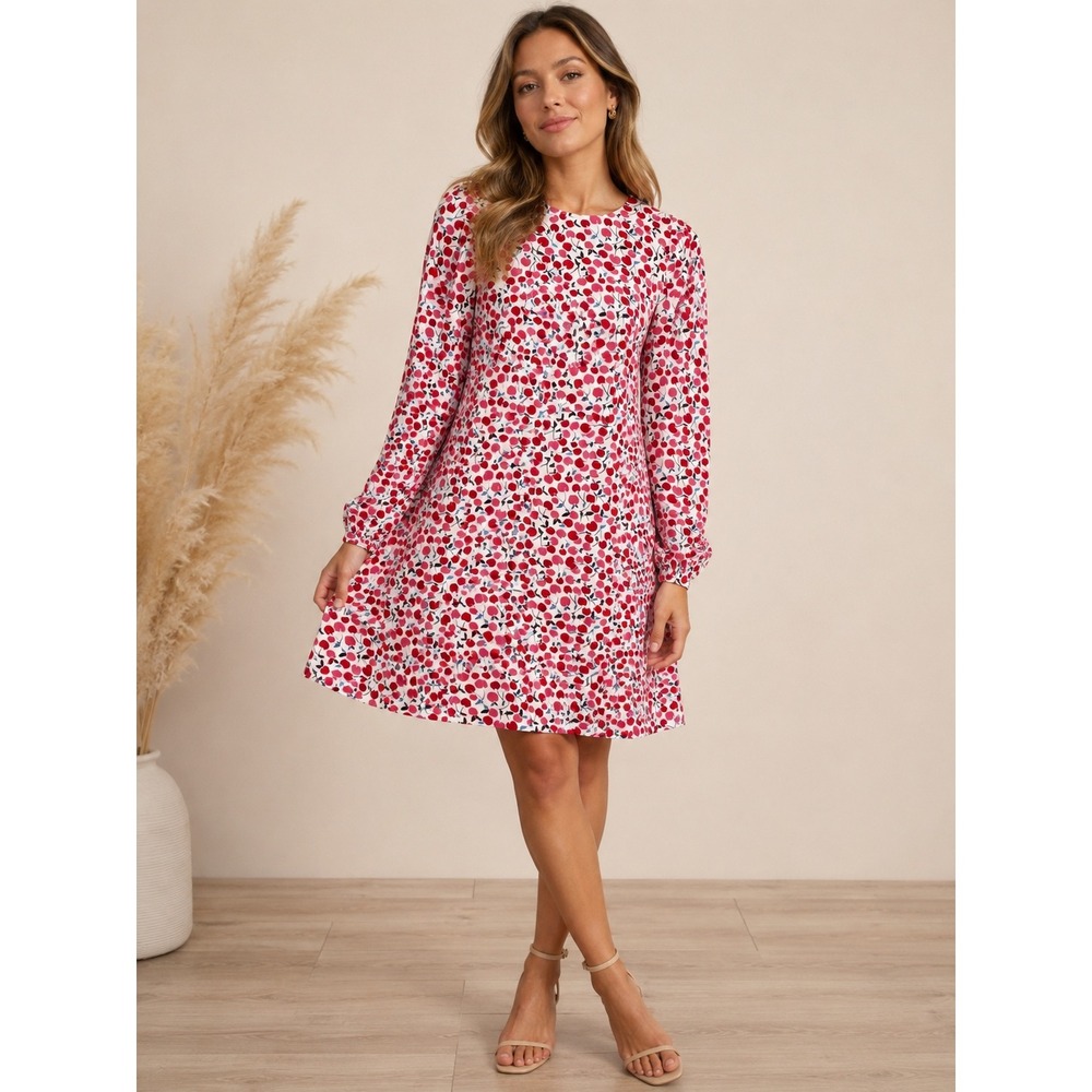 LOFT Cherry Print Mini Dress Womens M Pink Fruit Long Sleeve Shift Work Office